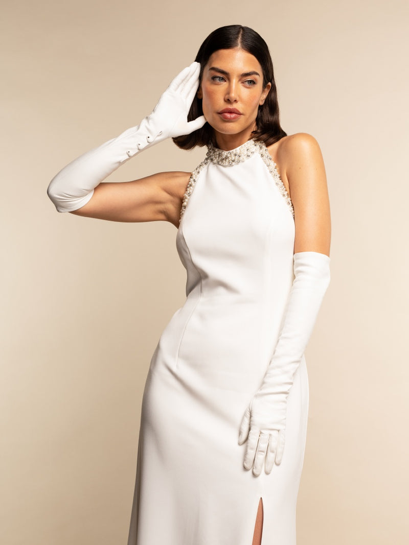 Angelina (white) - silk lined 12-button length leather bridal / opera gloves