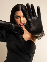 Elena (black) - silk lined 12-button length leather opera gloves