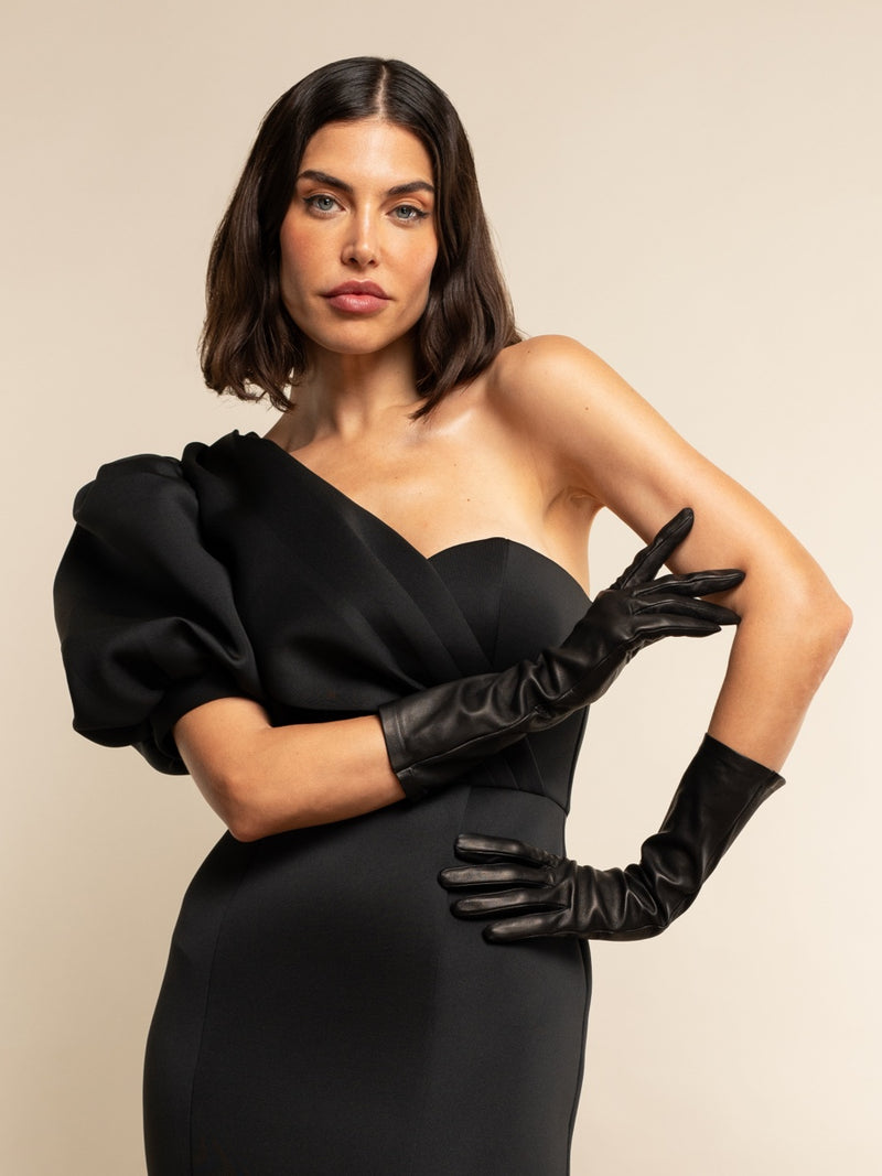 Lucia (black) - unlined 6-button length leather opera gloves
