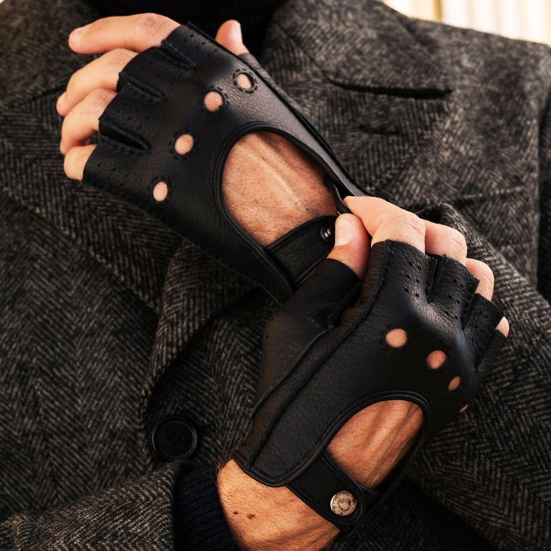 Fingerless Driving Gloves Men Deerskin Black – Luxury Leather Gloves – Handmade in Italy – Fratelli Orsini® - 7